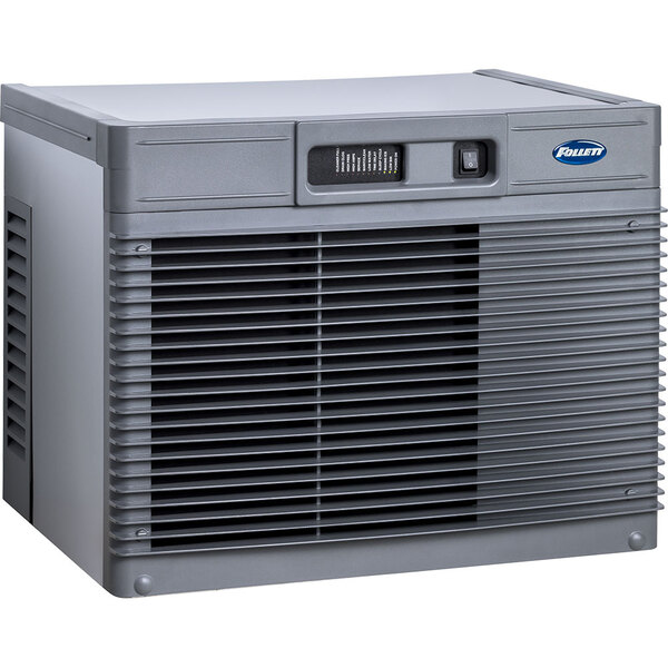 A grey rectangular Follett Horizon Elite water cooled ice machine with a vent.