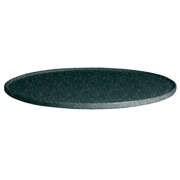 A black round G.E.T. Enterprises Bugambilia granite-coated aluminum disc with a jade speckled rim.