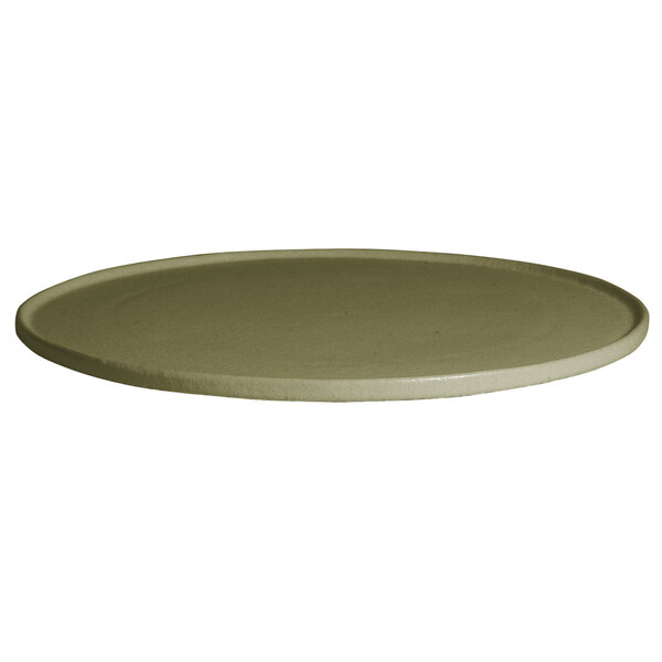 A G.E.T. Enterprises Bugambilia round deep green metal serving disc with a rim.