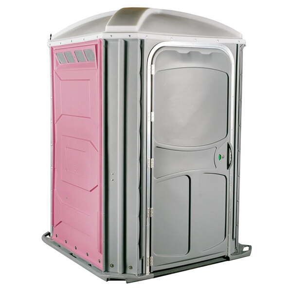A grey and pink PolyJohn portable toilet with a door.