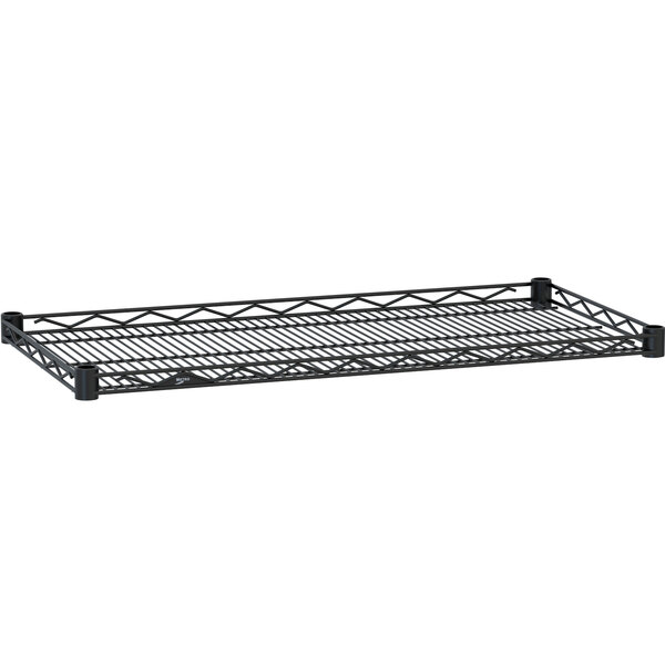A black metal Metro Super Erecta wire shelf with black drop mats.