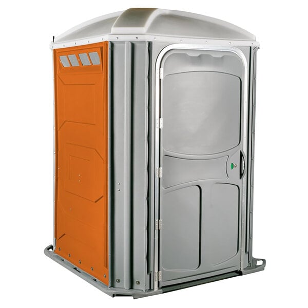 A grey and orange PolyJohn wheelchair accessible portable restroom.