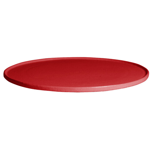 A red round G.E.T. Enterprises Bugambilia tray with a rim.
