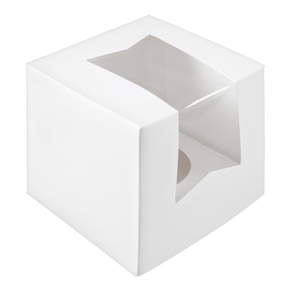 A white jumbo cupcake or muffin box with a single slot and a clear window on top.