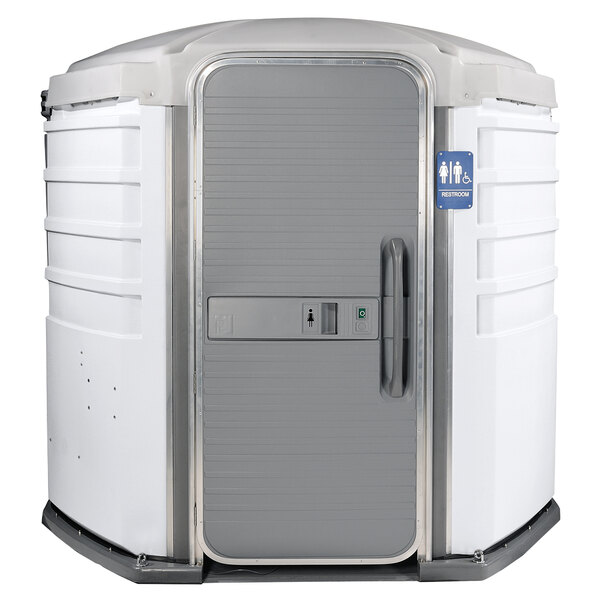 A white and gray PolyJohn wheelchair accessible portable toilet with the door open.