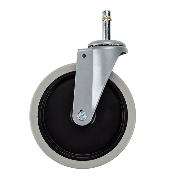 A black and metal swivel caster with a metal wheel for a Cambro utility cart.