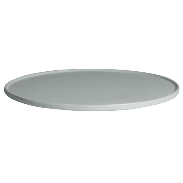A white round G.E.T. Enterprises steel disc with a rim.