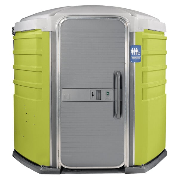 A lime green and white PolyJohn wheelchair accessible portable toilet with the door open.