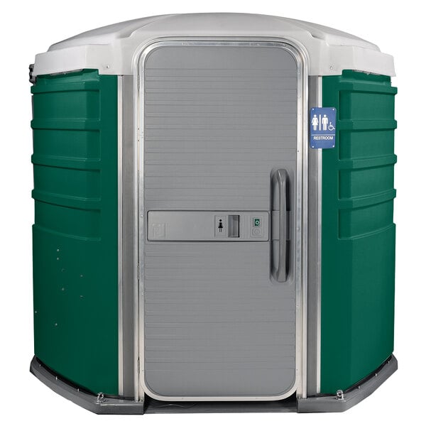A green and white PolyJohn wheelchair accessible portable toilet with a green door.