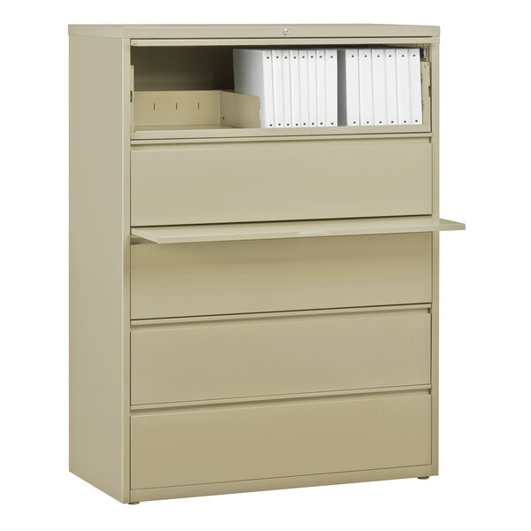 A Hirsh Industries Putty Five-Drawer Lateral File Cabinet with Roll Out Binder Storage on a white background.
