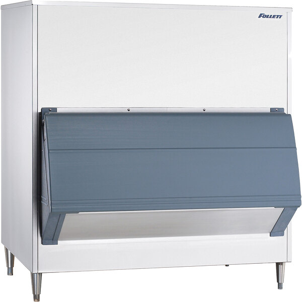 A white Follett upright ice storage bin with a grey and blue panel.
