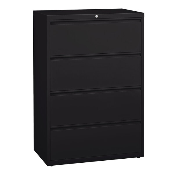 A black Hirsh Industries lateral file cabinet with four drawers.