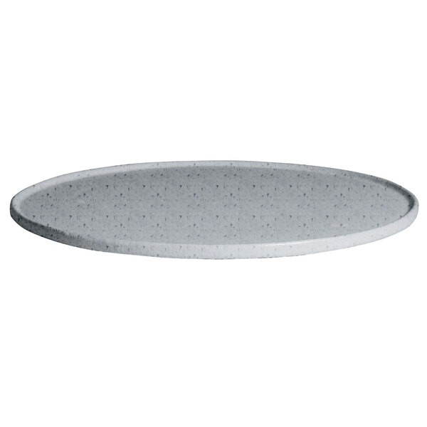 A white round G.E.T. Enterprises metal tray with a textured speckled surface.
