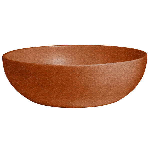 A brown G.E.T. Enterprises Bugambilia resin-coated aluminum bowl.