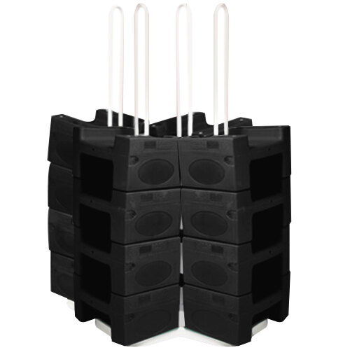 A stack of black Koala Kare booster seats on a white stand.