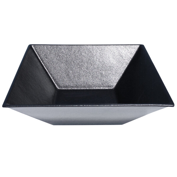 A black square G.E.T. Enterprises Bugambilia bowl with a metal rim.