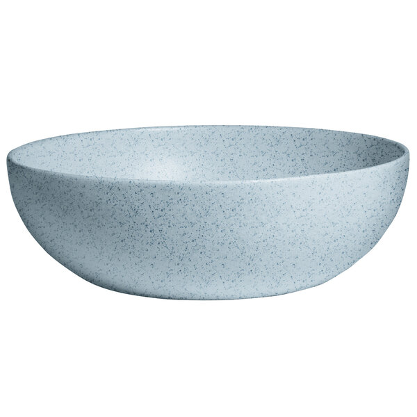 A G.E.T. Enterprises Bugambilia deep round metal bowl with a sky blue speckled design.