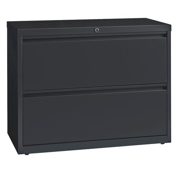 A black Hirsh Industries two-drawer lateral file cabinet.
