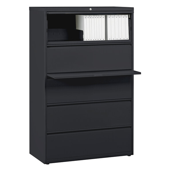 A black Hirsh Industries lateral file cabinet with drawers.