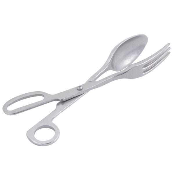 A pair of Bon Chef pewter-glo salad tongs with a spoon
