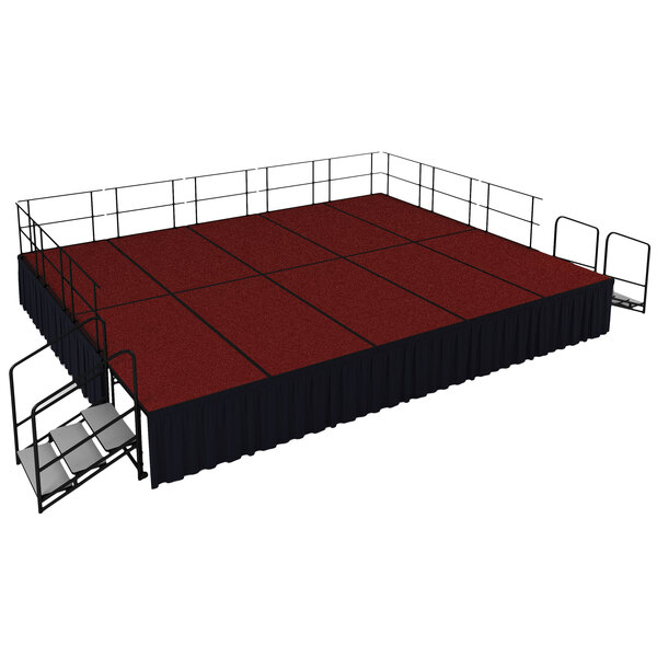 A red stage with black skirting on a metal frame.