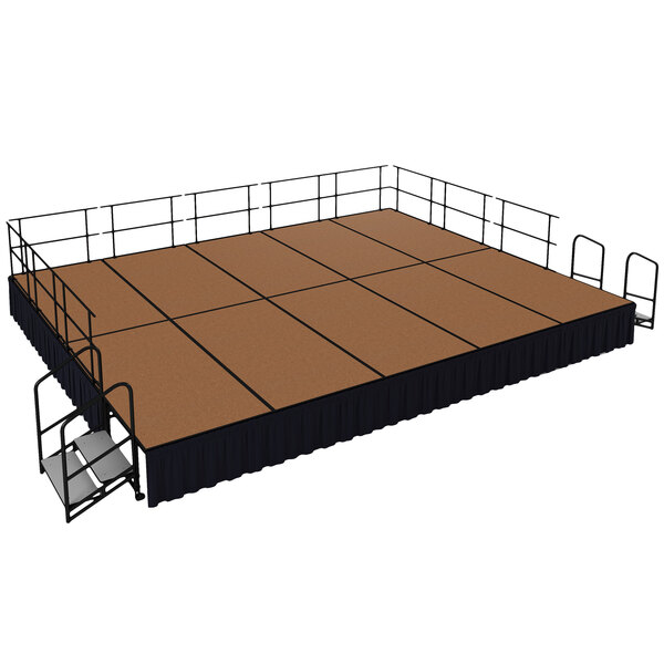 A National Public Seating portable stage with black skirting on brown squares.