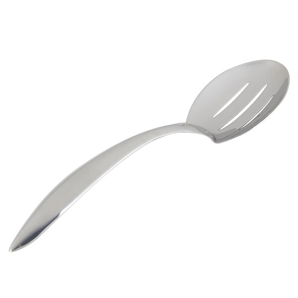 A Bon Chef stainless steel slotted serving spoon with a hollow silver handle.