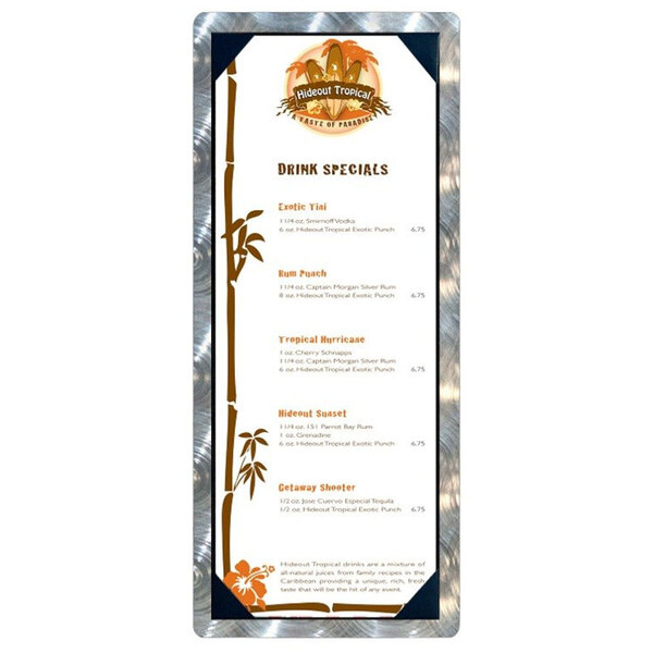 A white Menu Solutions aluminum menu board with a bamboo swirl design on it.