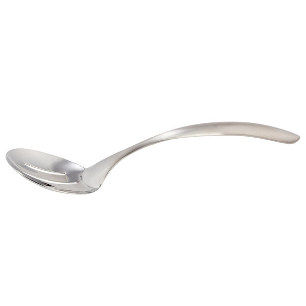 A Bon Chef slotted serving spoon with a brushed stainless steel handle and spoon end.