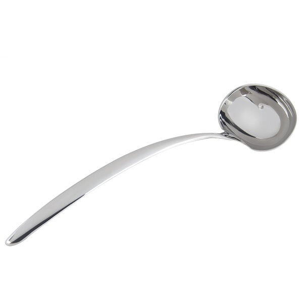A stainless steel Bon Chef ladle with a hollow curved handle and a silver ball at the end.