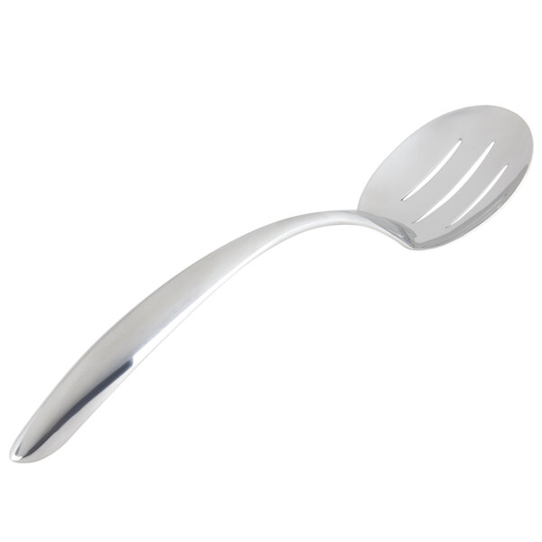 A Bon Chef stainless steel slotted serving spoon with a hollow cool handle.