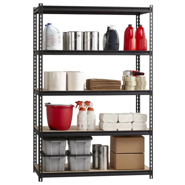 A black Hirsh Industries boltless shelving unit with various items on the shelves.