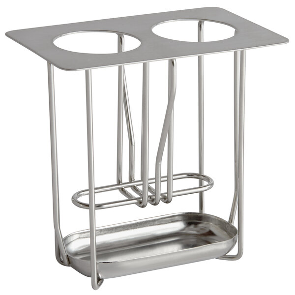 A stainless steel holder with two trays for squeeze bottles.