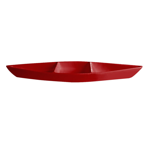 A red boat-shaped G.E.T. Enterprises Bugambilia deep tray with dividers.