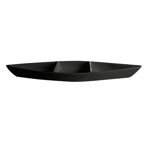 A black G.E.T. Enterprises Bugambilia boat-shaped aluminum tray with dividers.