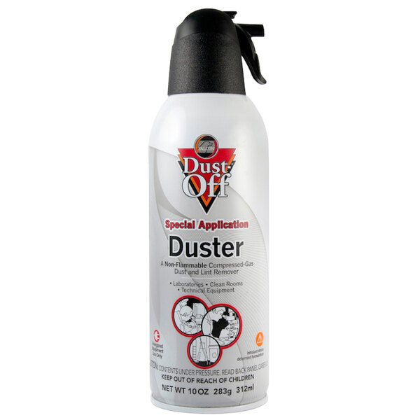 A white Falcon Safety can of dust-off duster with a black cap.
