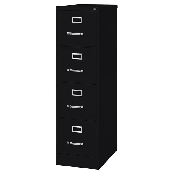A black Hirsh Industries four-drawer vertical letter file cabinet with silver handles.