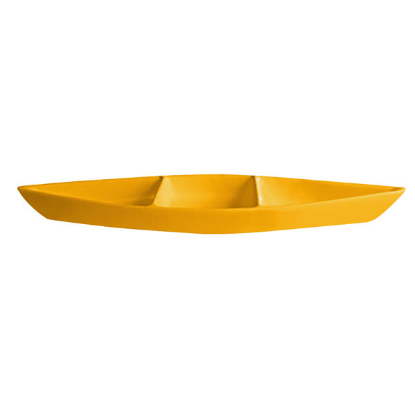 A close up of a yellow rectangular G.E.T. Enterprises bowl with three sections.