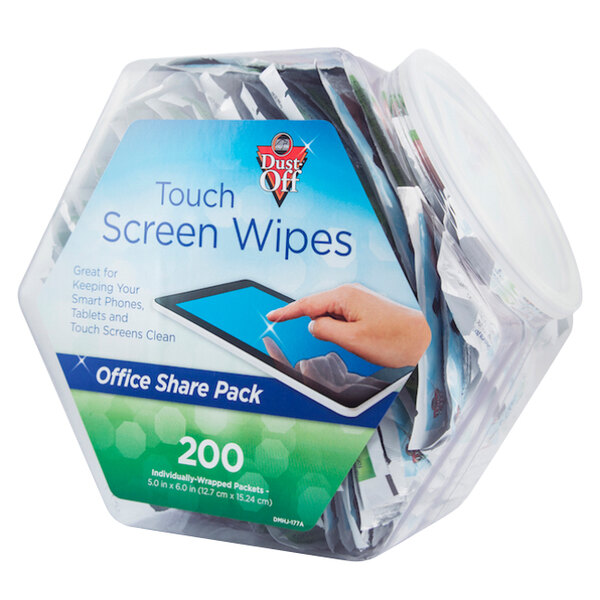 A plastic container of Falcon Safety Dust-Off Touch-Screen Cleaning Wipes.
