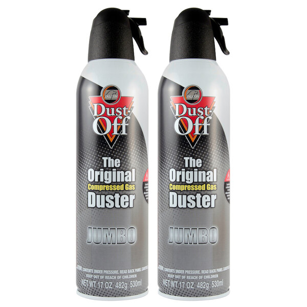 Two black and white cans of Falcon Safety Dust-Off Compressed Gas Duster.