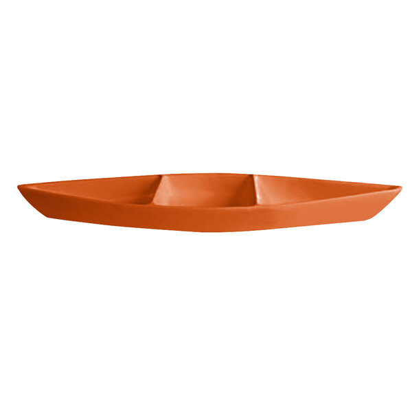 A G.E.T. Enterprises tangerine boat-shaped aluminum tray with three sections.