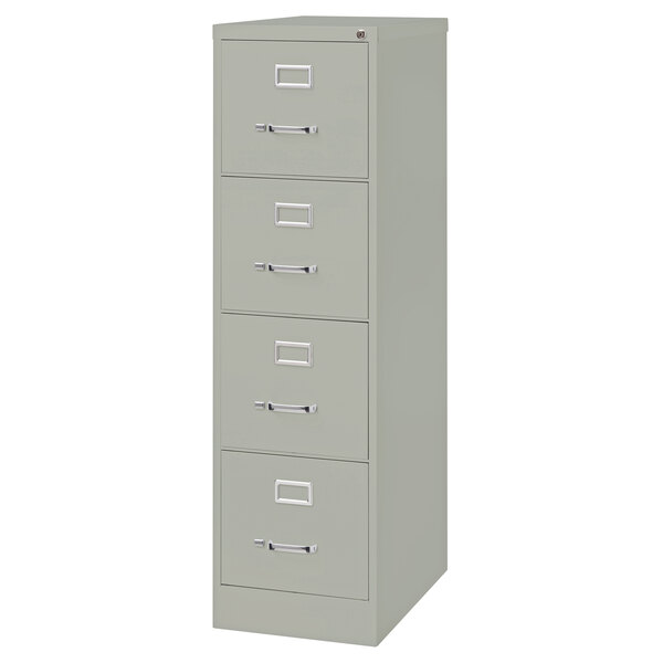 A Hirsh Industries gray file cabinet with four drawers.