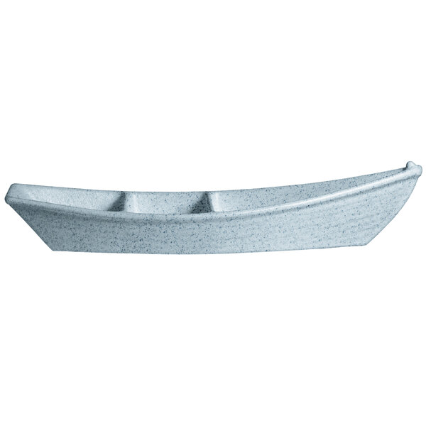 A sky blue textured metal boat with dividers.
