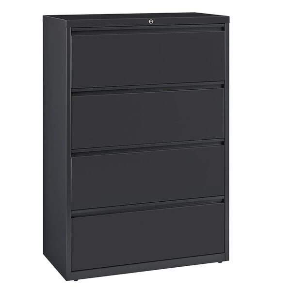 A black Hirsh Industries filing cabinet with four drawers.