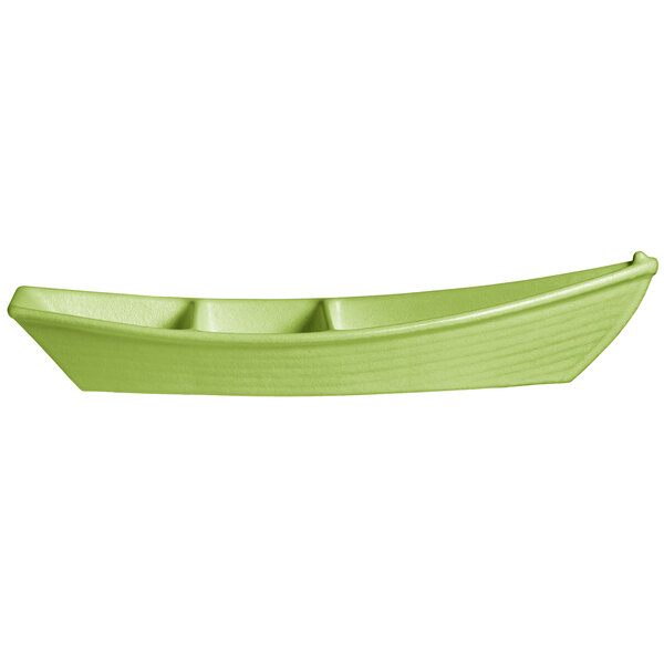 A lime green G.E.T. Enterprises Bugambilia deep boat with dividers.