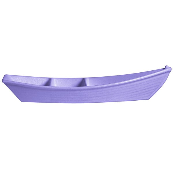 A lavender G.E.T. Enterprises resin-coated aluminum boat with dividers.