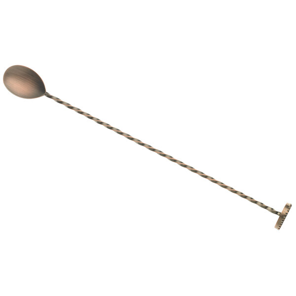 A Barfly antique copper-plated stainless steel bar spoon with a long handle.