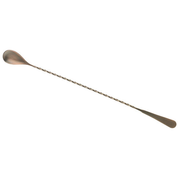 A Barfly antique copper-plated stainless steel bar spoon with a long metal handle.