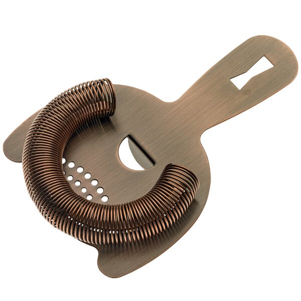 A Barfly antique copper-plated Hawthorne strainer with a metal ring and spiral handle.