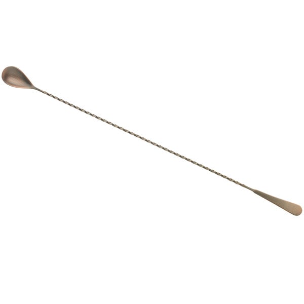 A Barfly antique copper-plated stainless steel Japanese style bar spoon with a long handle.